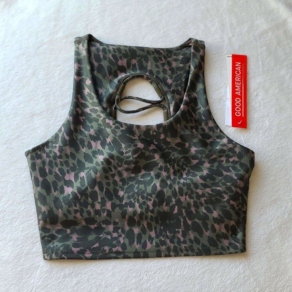 Good American Olive Green and Pink Camo High-Neck Sports Bra